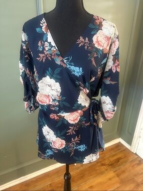 City Chic Navy Floral Wrap Blouse with Pink & Cream Blooms